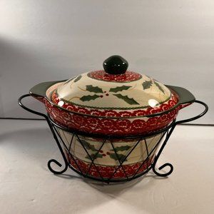 Temptations Christmas Holly 2.5 Quart Casserole Dish w/ Trivet & Metal Carrier